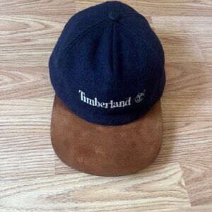 Timberland Wool and Suede Leather Classic Baseball Cap Navy Brown Adjustable Hat